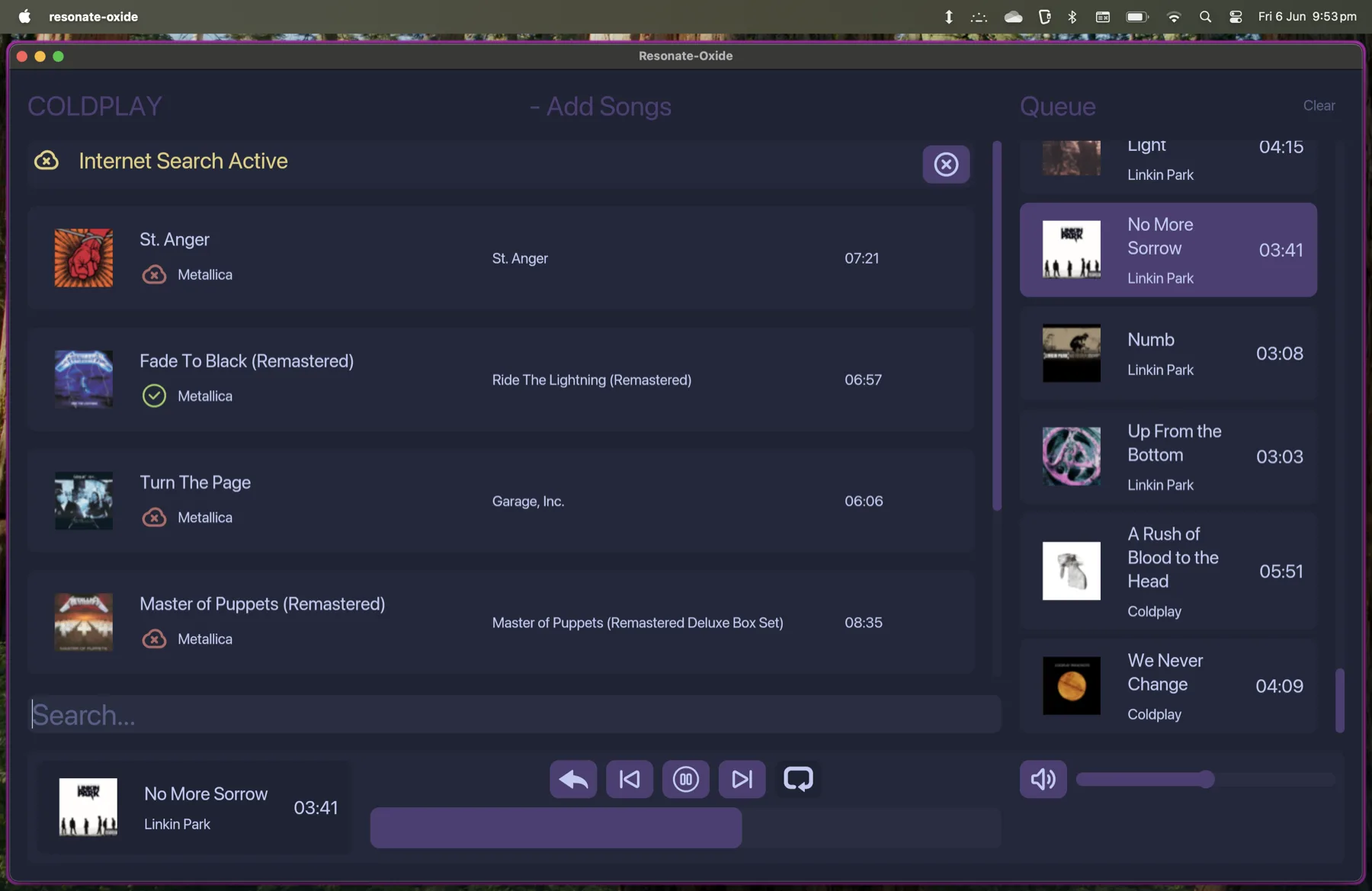 Searching YouTube Music inside Resonate Oxide
